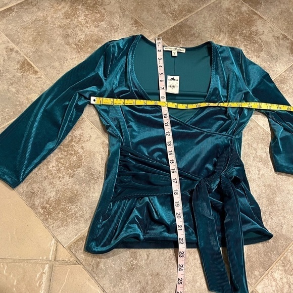 🆕 Express Desire solid green stretch velvet wrap front v neck 3/4 sleeve ribbe… - Picture 4 of 8